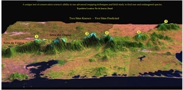 Clinton Jenkins produced this extraordinary map. It shows the State of Rio de Janeiro — the city itself is to the left of the large bay at the western end of the image. Satellite images have been draped over a 3-D rendering of the mountains. Finally, Clinton colour-coded the areas with forest high enough to be possible habitat for the grey-winged cotinga. It was known from only two sites — those labelled. Surely, we could find it in some of the other possibilities show in light blue!