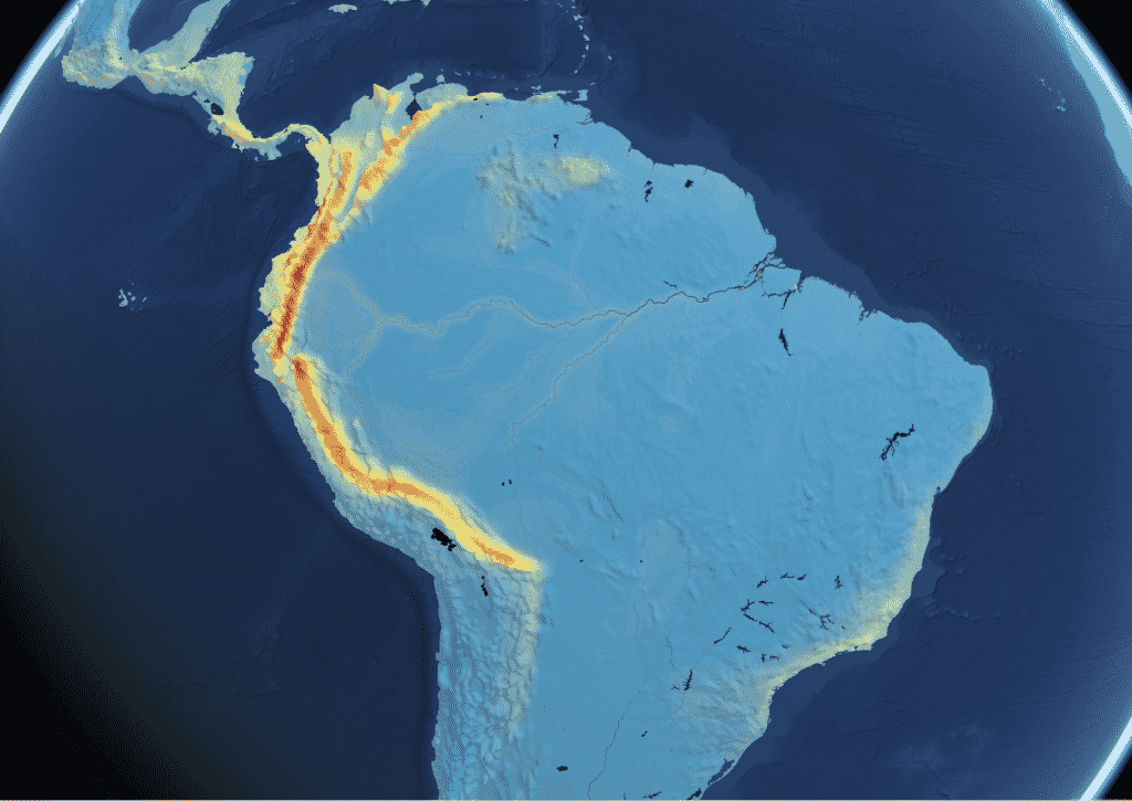 These map illustrates what Saving Nature does for South America.  This biodiversity map is of the species of birds, mammals, and amphibians in South America.  Red means more species, blue means fewer.  The areas of tropical moist forest — including the Amazon and the Atlantic Forest of Brazil —contain the most species.