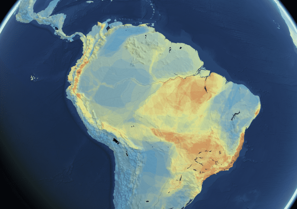 This map of biodiversity in South America, created by Saving Nature, is where small-ranged species of birds live. By “small-ranged” we mean the half of all bird species that have smallest ranges.  This map may surprise:  why aren’t there more species in the Amazon?  The answer is that while there are more species, must most have relatively large geographical ranges.   The importance of this map is that species with small geographical ranges are much more likely to be threatened with extinction.  Indeed, the next map is of threatened bird species.  It’s broadly similar to the previous one. The largest difference is that there are relatively more threatened species in coastal Brazil, because so much of the forest has been lost.