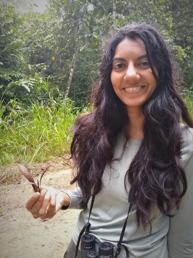 Varsha Vijay in Borneo holding a dipterocarp fruit.