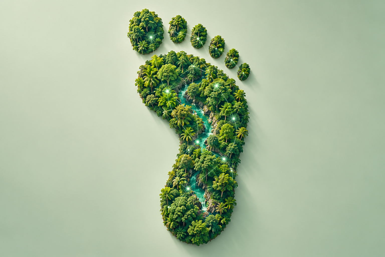 A human footprint made of lush rainforest with a river running through it